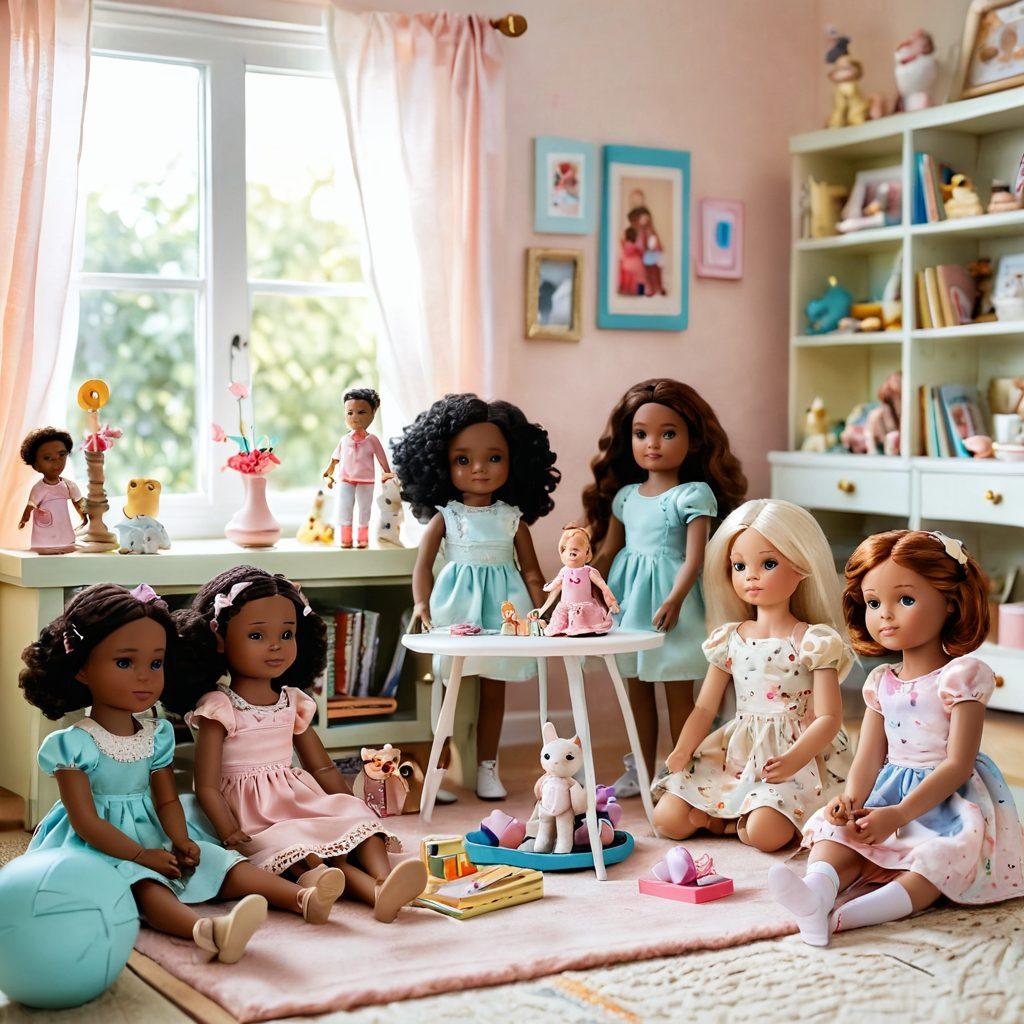 A whimsical scene showcasing a family of diverse dolls engaged in various imaginative play scenarios, surrounded by colorful, handmade doll accessories, in a sunlit playroom filled with whimsical decorations and family photos. Soft pastel colors enhance the atmosphere, conveying warmth and nostalgia, while hints of storytelling elements like miniature books and art supplies add depth. super-realistic. vibrant colors. playful atmosphere.
