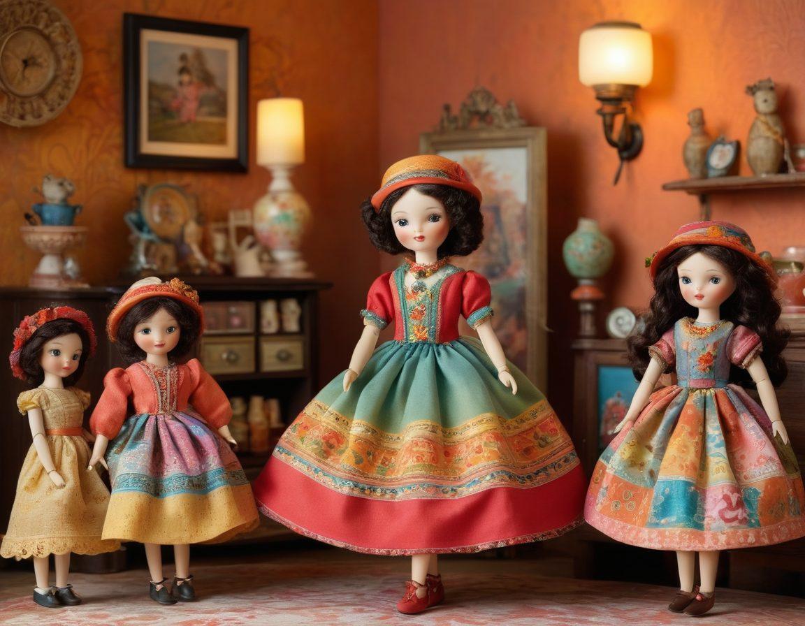 An enchanting display of cheerful artisan dolls, showcasing a blend of vintage and modern styles. The scene features a colorful array of dolls with intricate designs, set against a warm, inviting background filled with vintage trinkets and modern decor elements. Soft lighting to highlight the cheerful expressions and craftsmanship of each doll, inviting viewers into the world of collecting. Include subtle hints of playful artistry, like bright patterns and textures. vibrant colors. soft lighting. painting.