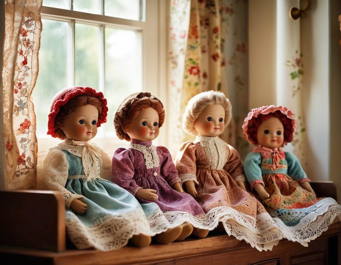A cozy living room filled with colorful, handcrafted granny dolls sitting on a vintage wooden shelf. The dolls are dressed in charming retro outfits, surrounded by warm, nostalgic decorations like faded family photos and delicate lace curtains. Soft sunlight filters through the window, casting a gentle glow, enhancing the inviting atmosphere. Capture the essence of nostalgia and joy in this heartwarming scene. vibrant colors. cozy ambiance. vintage style.